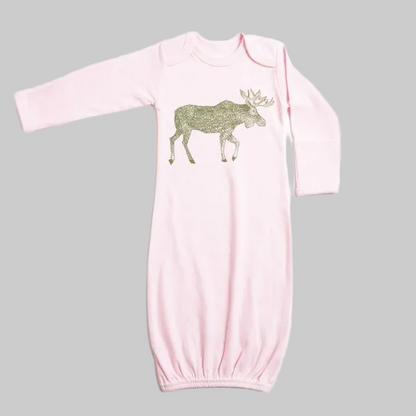 Bird and Buffalo’s baby gown in pink featuring moose design, made locally in Jackson Hole, WY