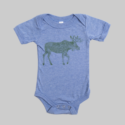 Bird and Buffalo’s baby onesie in blue with a green moose design, made locally in Jackson Hole, WY