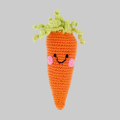 Hand-crocheted carrot baby rattle made of 100% cotton