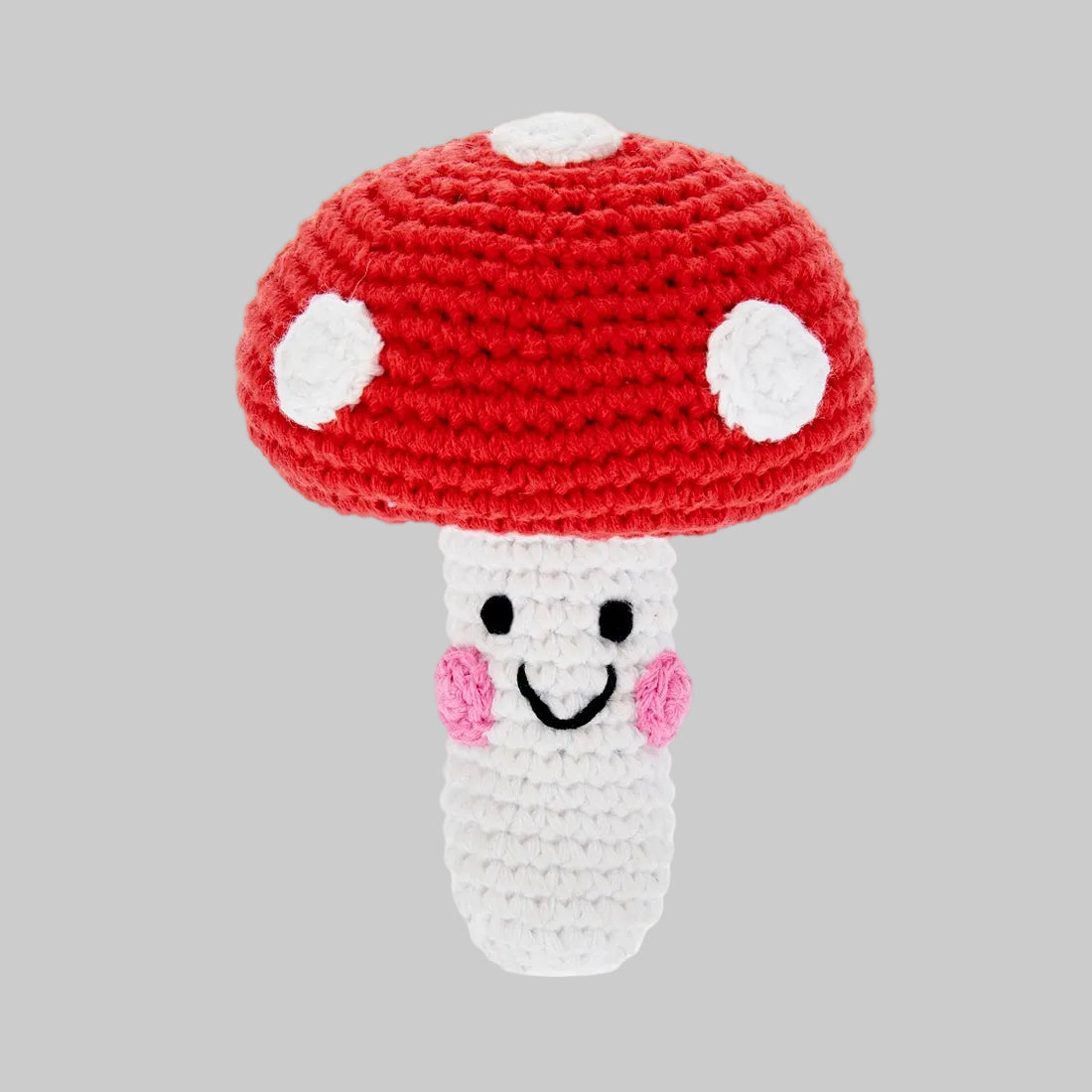 Hand-crocheted mushroom baby rattle made of 100% cotton