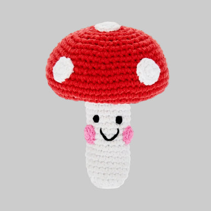 Hand-crocheted mushroom baby rattle made of 100% cotton