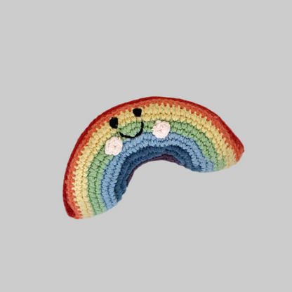 Hand-crocheted rainbow baby rattle made of 100% cotton