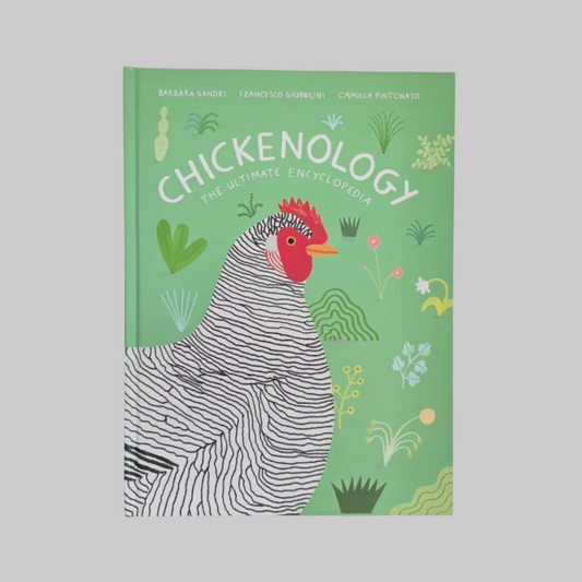 Book titled 'Chickenology' with a chicken illustration on a green background