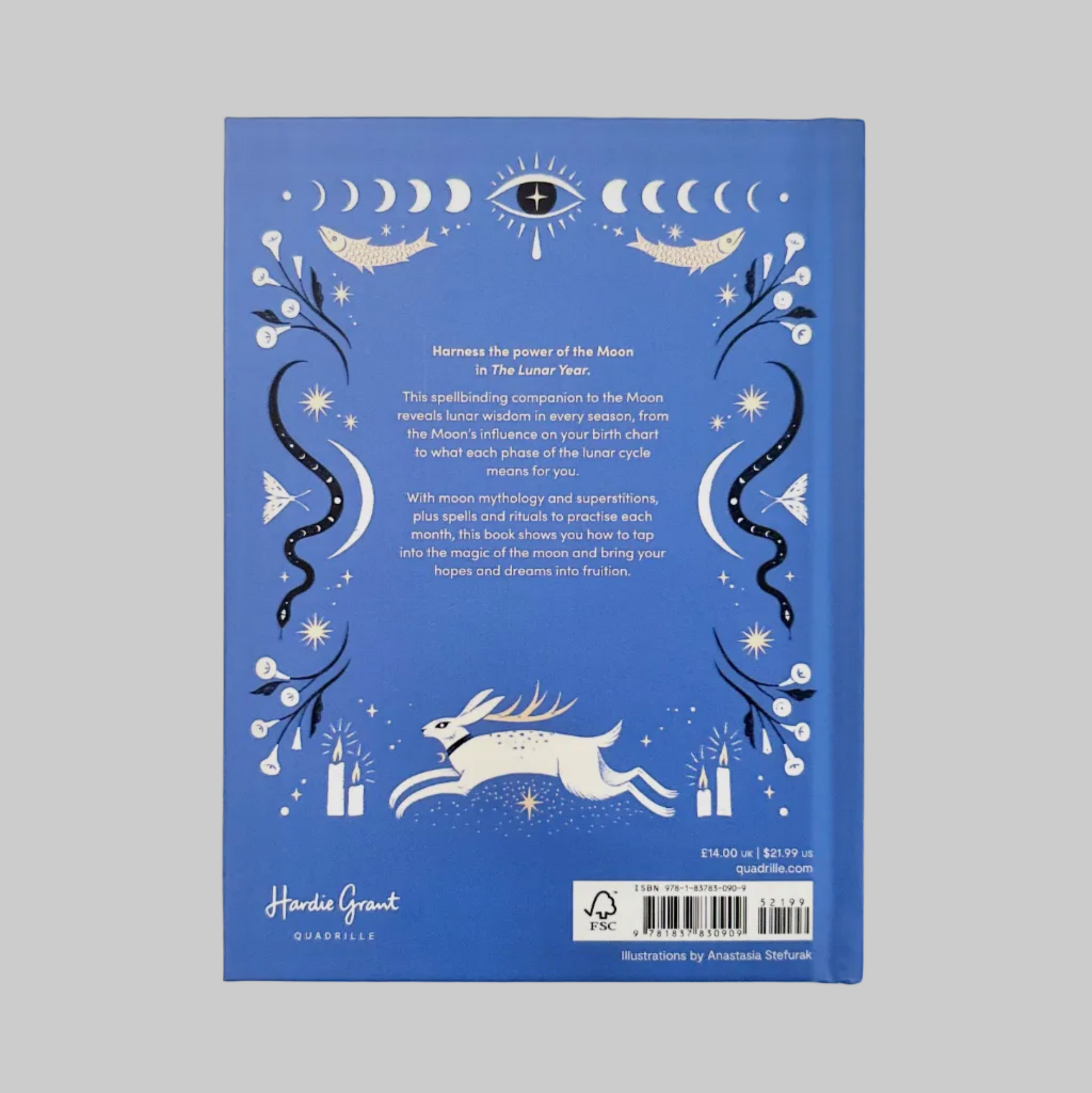 Back cover of "The Lunar Year" with decorative elements and text on a blue background