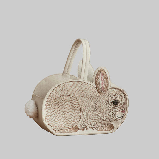 Coral and Tusk’s “Bunny” embroidered felt Easter basket, shaped like a bunny with a white cotton tail