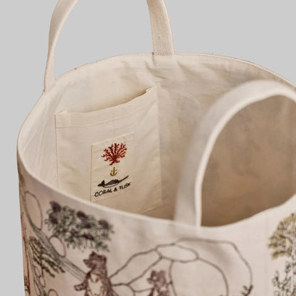 Coral and Tusk's embroidered "Forest Fun" canvas bag featuring designs of woodland creatures enjoying the forest