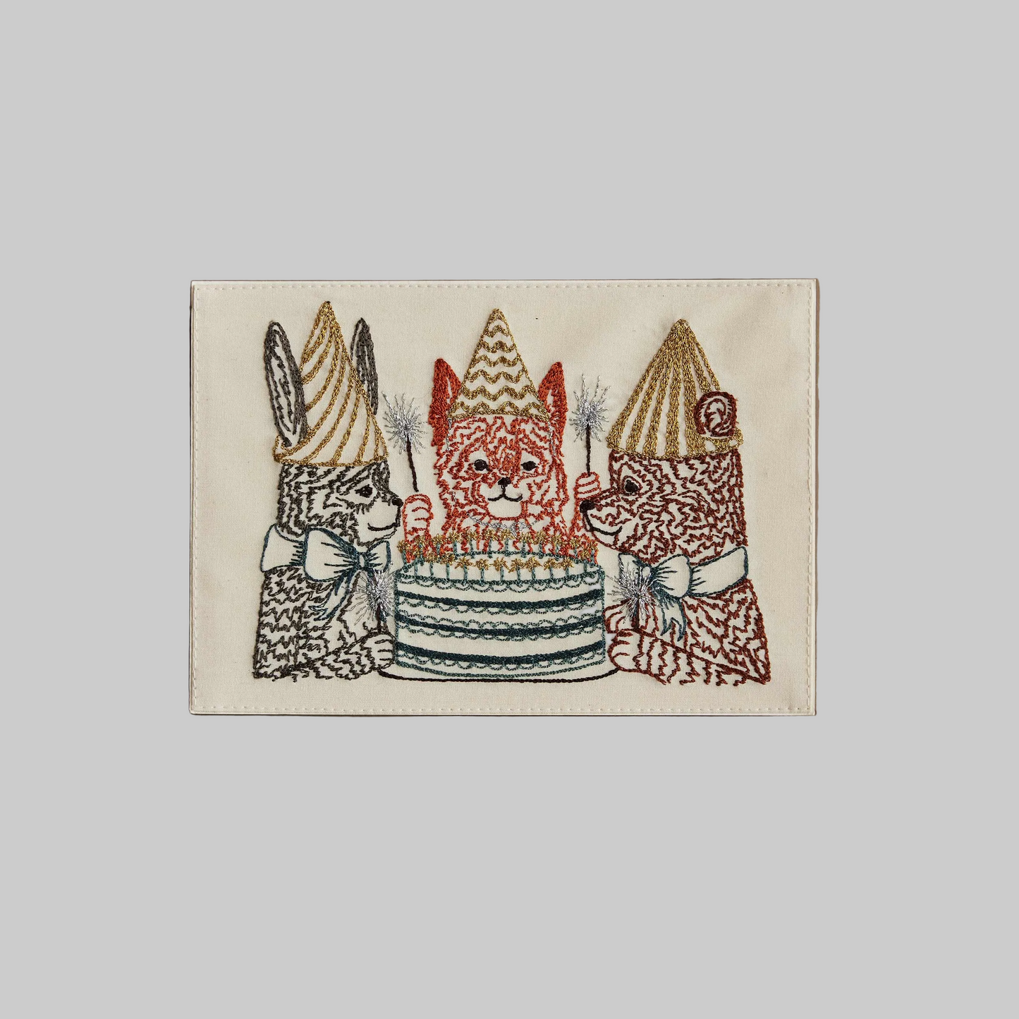 Coral and Tusk's "Birthday Celebration" embroidered keepsake card  featuring a fox, bear, and bunny around a birthday cake