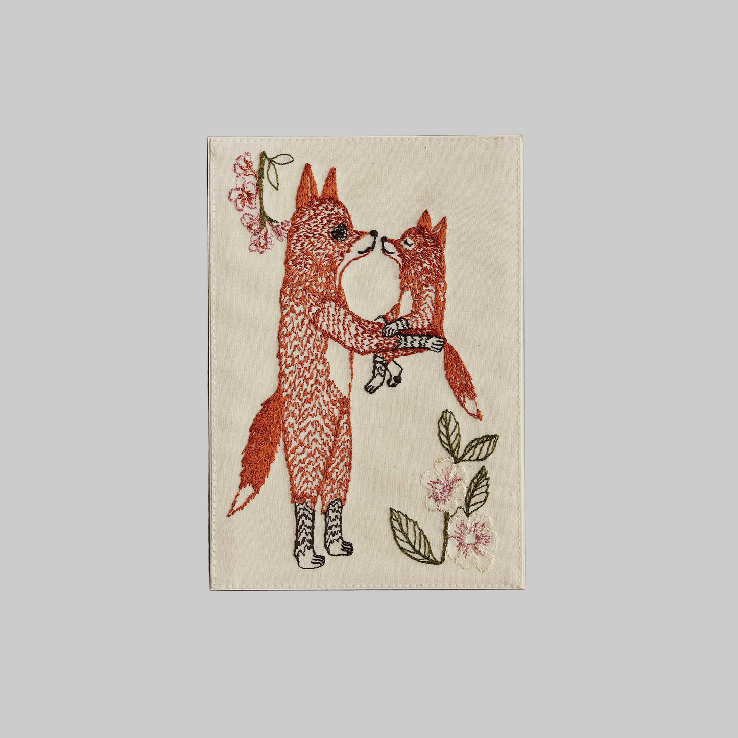 Coral and Tusk's "Fox Mama" embroidered keepsake card  featuring a mama and baby fox with florals