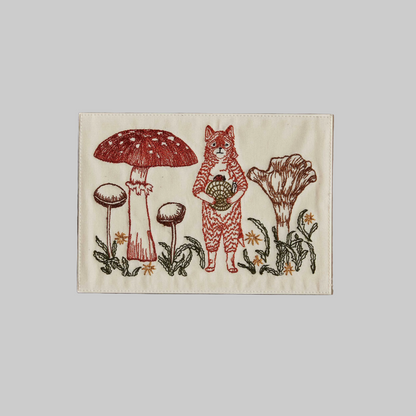 Coral and Tusk's "Fox With Mushrooms" embroidered keepsake card  featuring a fox surrounded by mushrooms