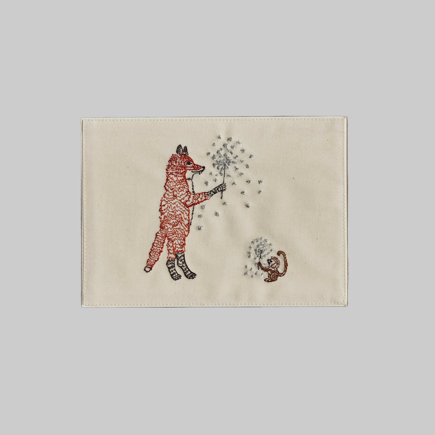 Coral and Tusk's "Sparklers" embroidered keepsake card  featuring a fox and monkey holding sparklers