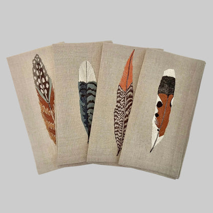 Coral and Tusk’s feather themed embroidered linen dinner napkins