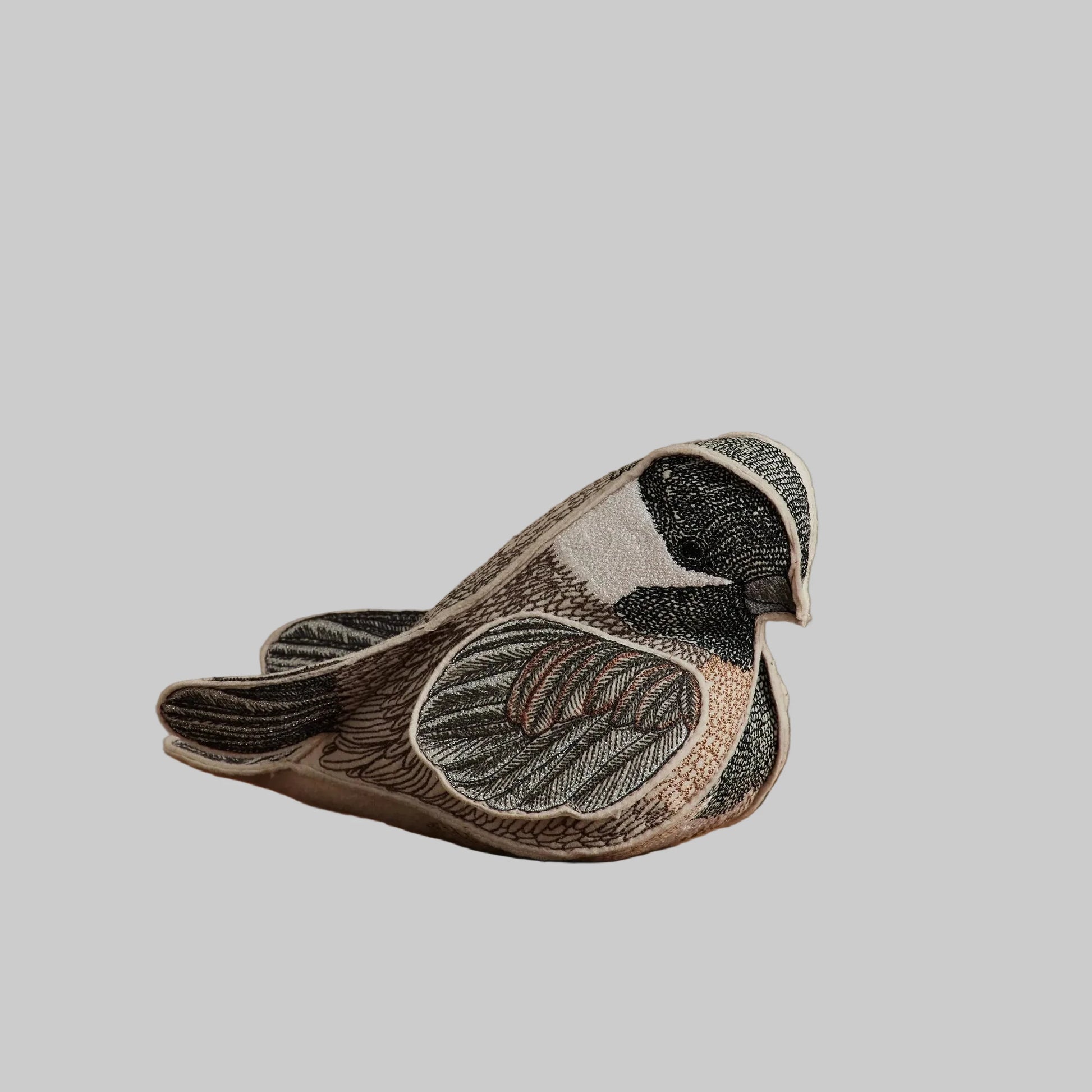 Coral and Tusk’s “Chickadee of Cheer” embroidered felt object, keepsake or gift