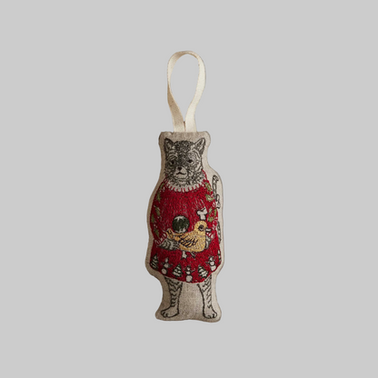 Coral and Tusk's "Cat with Gifts" embroidered linen Christmas ornament featuring design of a cat in a red dress holding some gifts