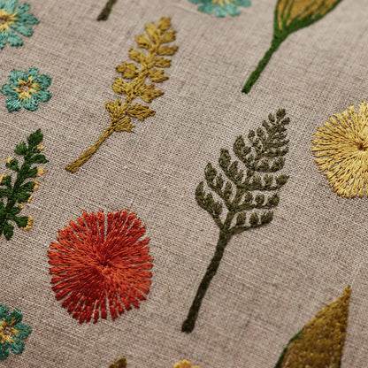 Coral and Tusk’s “Small Garden” embroidered linen pillow featuring a field of dandy flowers, forget-me-nots, violets, and sprigs, measures 12” x 16”