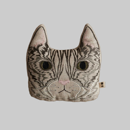 Coral and Tusk's "Tabby Cat" Cat-shaped pillow with embroidered face on 100% linen fabric