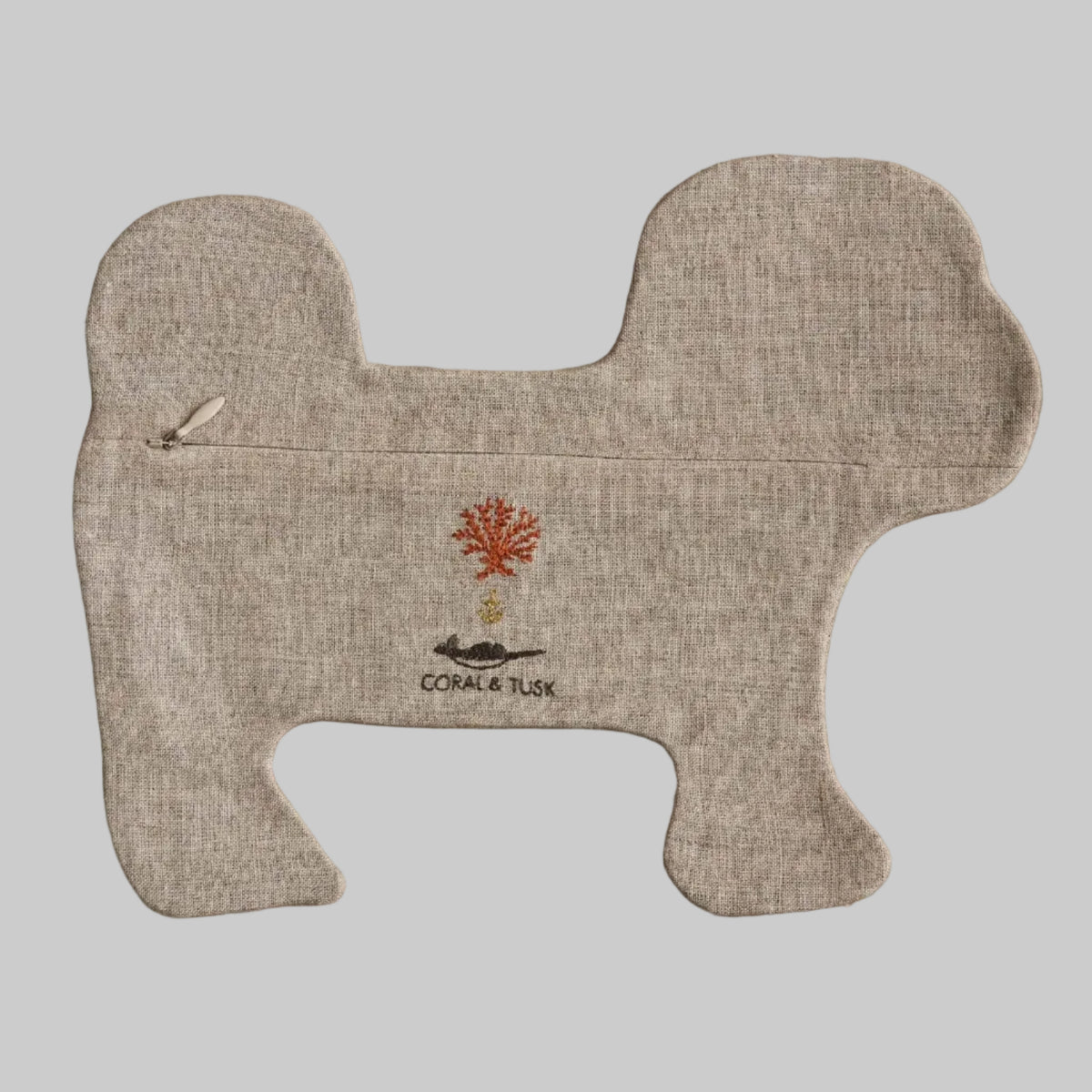 Coral and Tusk's Dog in Sweater pouch featuring a small brown dog in a festive sweater embroidered on 100% linen. 