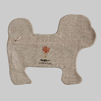 Coral and Tusk's Dog in Sweater pouch featuring a small brown dog in a festive sweater embroidered on 100% linen. 