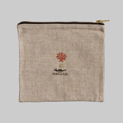Coral and Tusk's embroidered linen "Explorers" pouch featuring a design of fox and bear friends prepared for an outdoor adventure