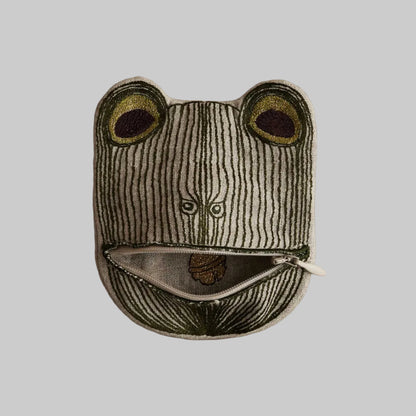 Coral and Tusk's "Lucky Frog with Bell" embroidered linen pouch for coins or trinkets