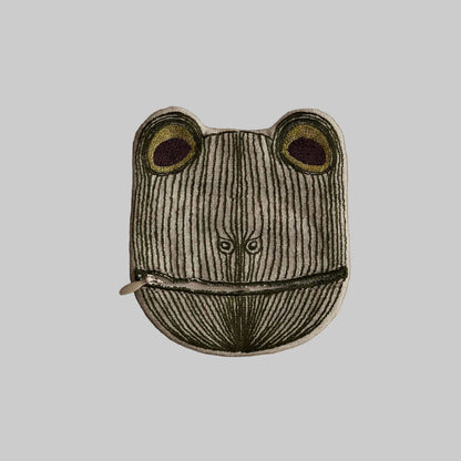 Coral and Tusk's "Lucky Frog with Bell" embroidered linen pouch for coins or trinkets