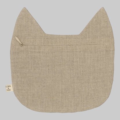Coral and Tusk’s “Tabby Cat” embroidered linen pouch featuring a gray striped cat with bright green eyes