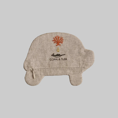 Coral and Tusk's Turtle pouch featuring a green and golden turtle design embroidered on 100% linen. Has two zipper compartments.