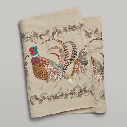 Coral and Tusk's "Pheasant and Quail" embroidered linen table runner 