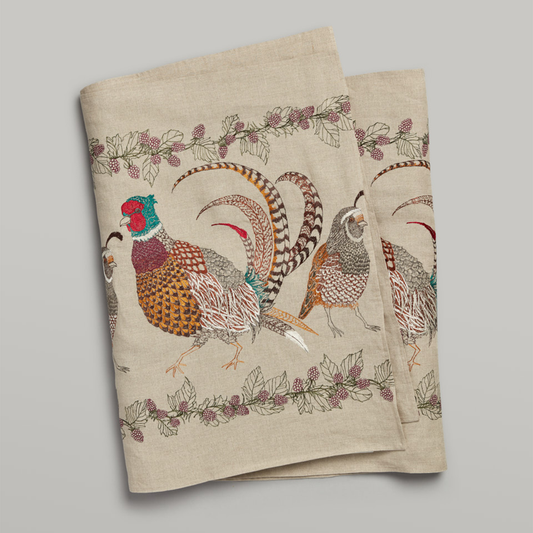 Coral and Tusk's "Pheasant and Quail" embroidered linen table runner 