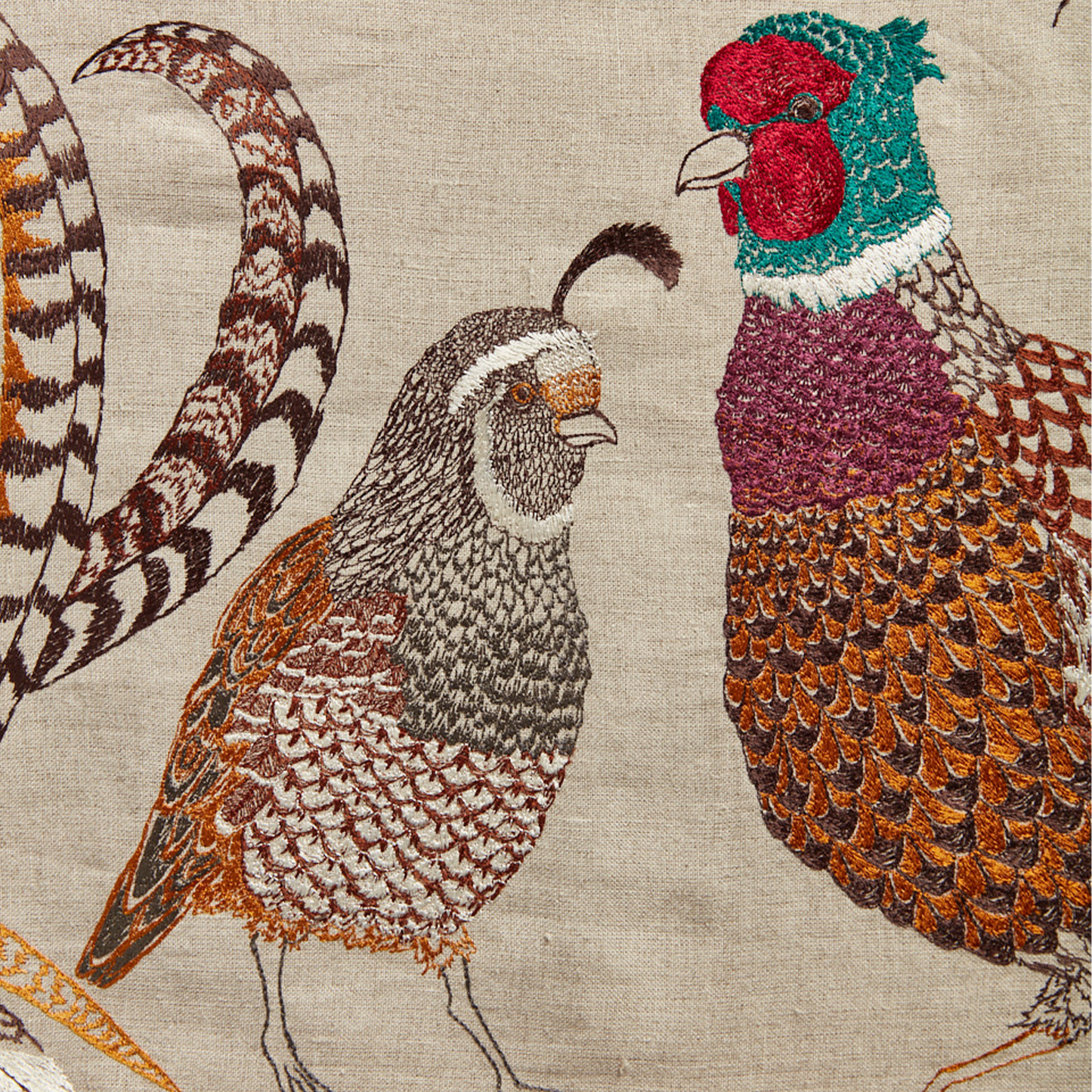 Coral and Tusk's "Pheasant and Quail" embroidered linen table runner 