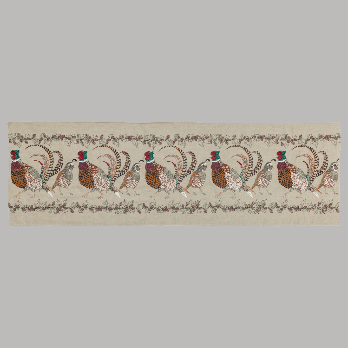 Coral and Tusk's "Pheasant and Quail" embroidered linen table runner 