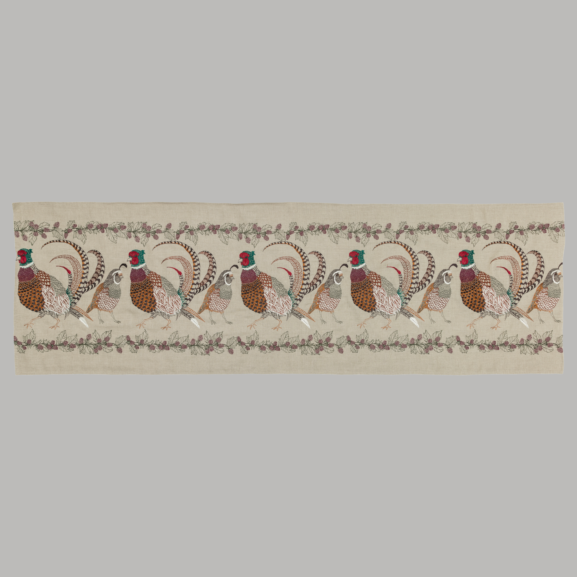 Coral and Tusk's "Pheasant and Quail" embroidered linen table runner 
