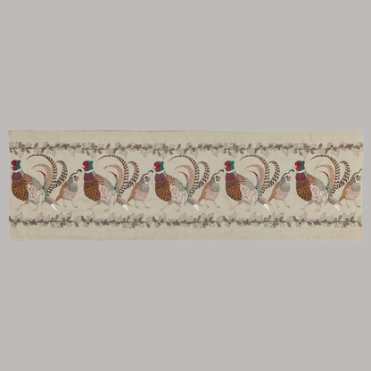 Coral and Tusk's "Pheasant and Quail" embroidered linen table runner 