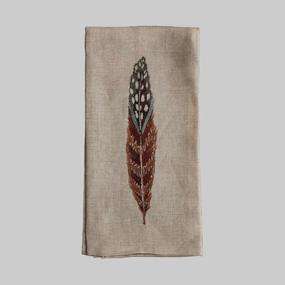 Coral and Tusk’s “Fowl Feather” embroidered linen tea towel featuring