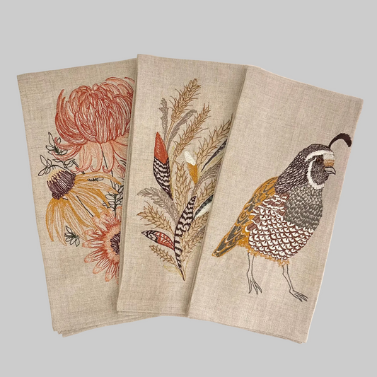 Coral and Tusk’s autumn-themed embroidered linen tea towels