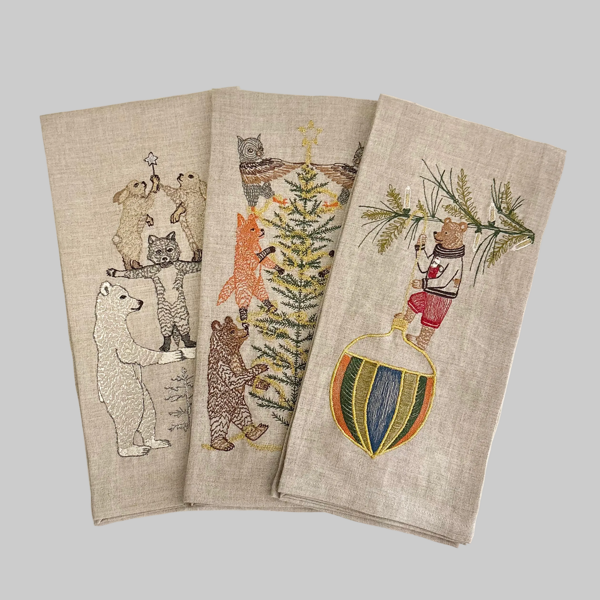 Coral and Tusk’s winter and holiday-themed embroidered linen tea towels