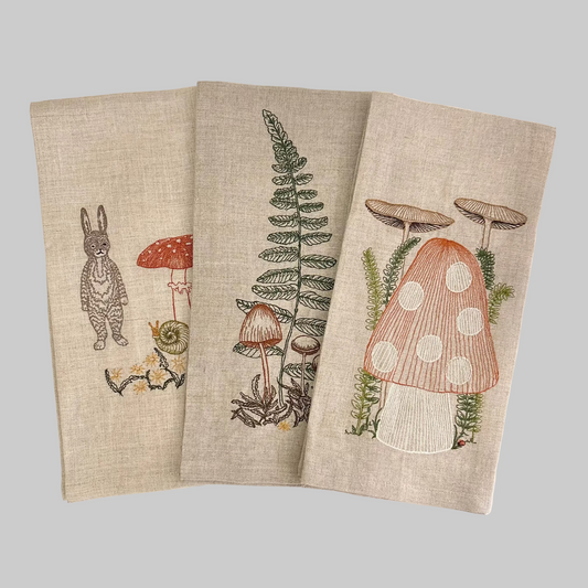Coral and Tusk’s mushroom-themed embroidered linen tea towels