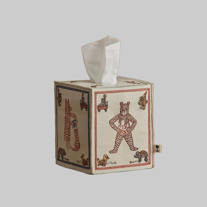 Coral and Tusk’s “ABC” embroidered felt tissue box cover featuring designs inspired by classic children’s building blocks