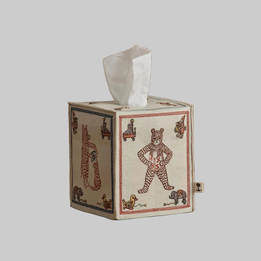 Coral and Tusk’s “ABC” embroidered felt tissue box cover featuring designs inspired by classic children’s building blocks