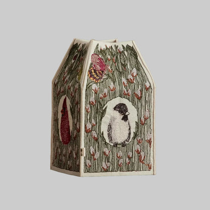 Coral and Tusk's "Birdhouse" tissue box cover made of felt and embroidered with bird and foliage designs