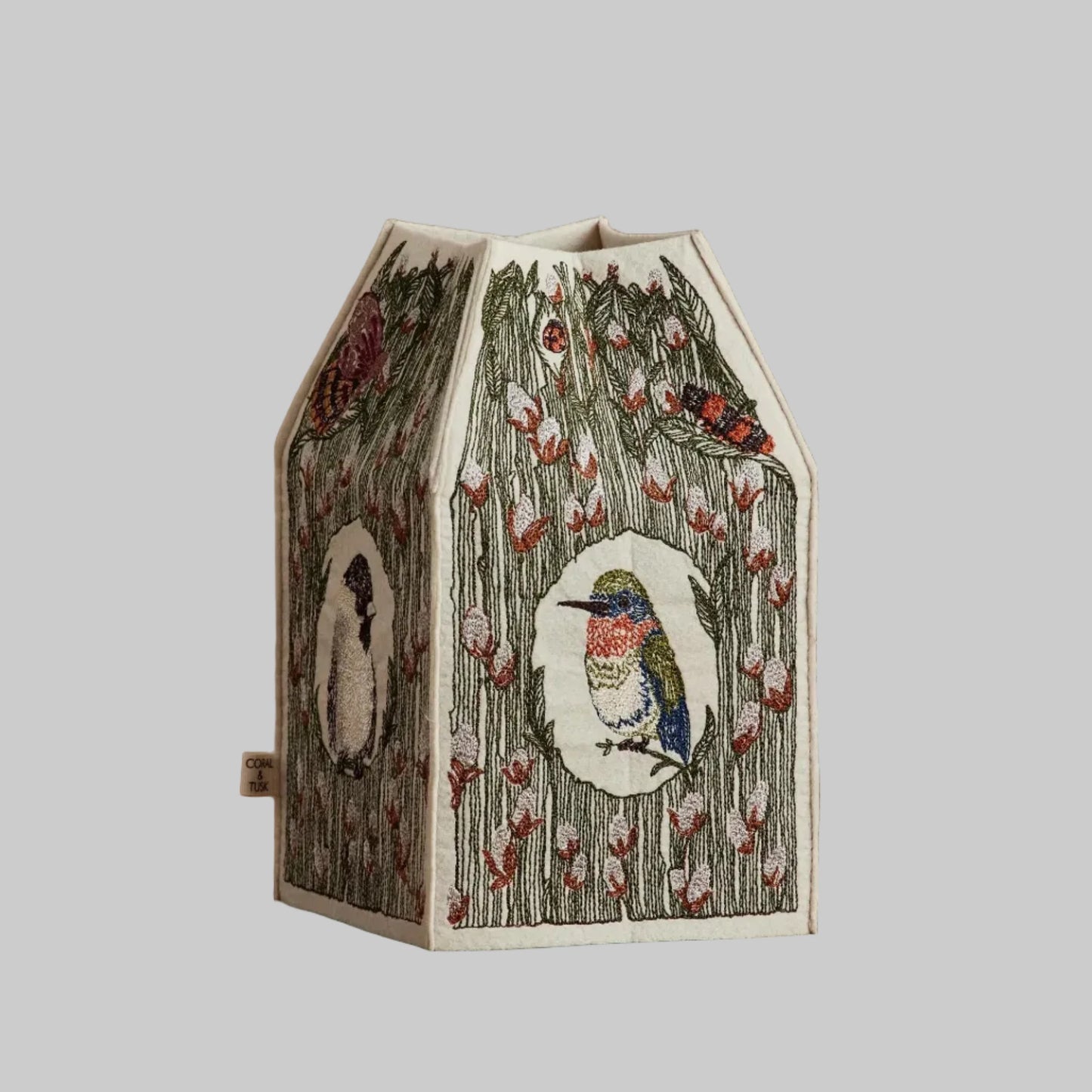 Coral and Tusk's "Birdhouse" tissue box cover made of felt and embroidered with bird and foliage designs