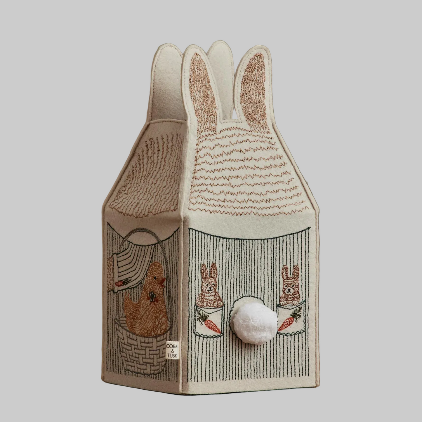 Coral and Tusk's "Bunny" tissue box cover made of felt and embroidered with Easter Bunny design