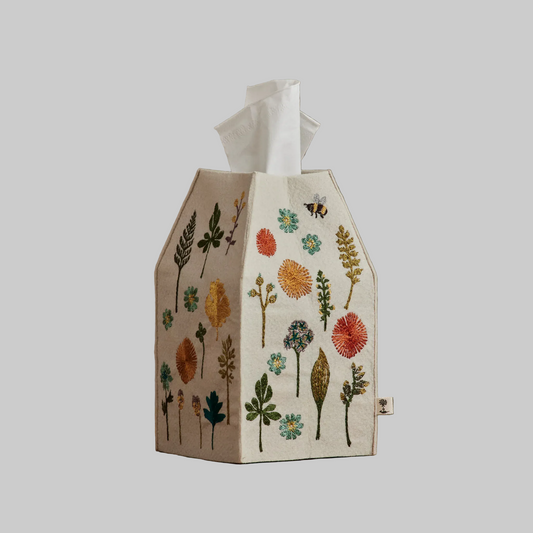 Coral and Tusk's "Garden" tissue box cover made of felt and embroidered with botanical designs