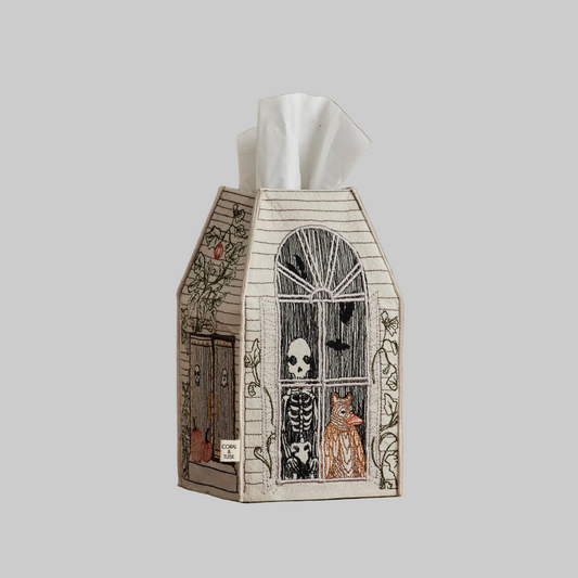 Coral and Tusk's "Haunted House" tissue box cover made of felt and embroidered with Halloween designs 