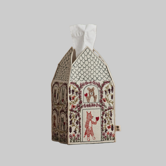 Coral and Tusk's "Home is Where the Heart Is" tissue box cover made of felt and embroidered with a Valentine's design