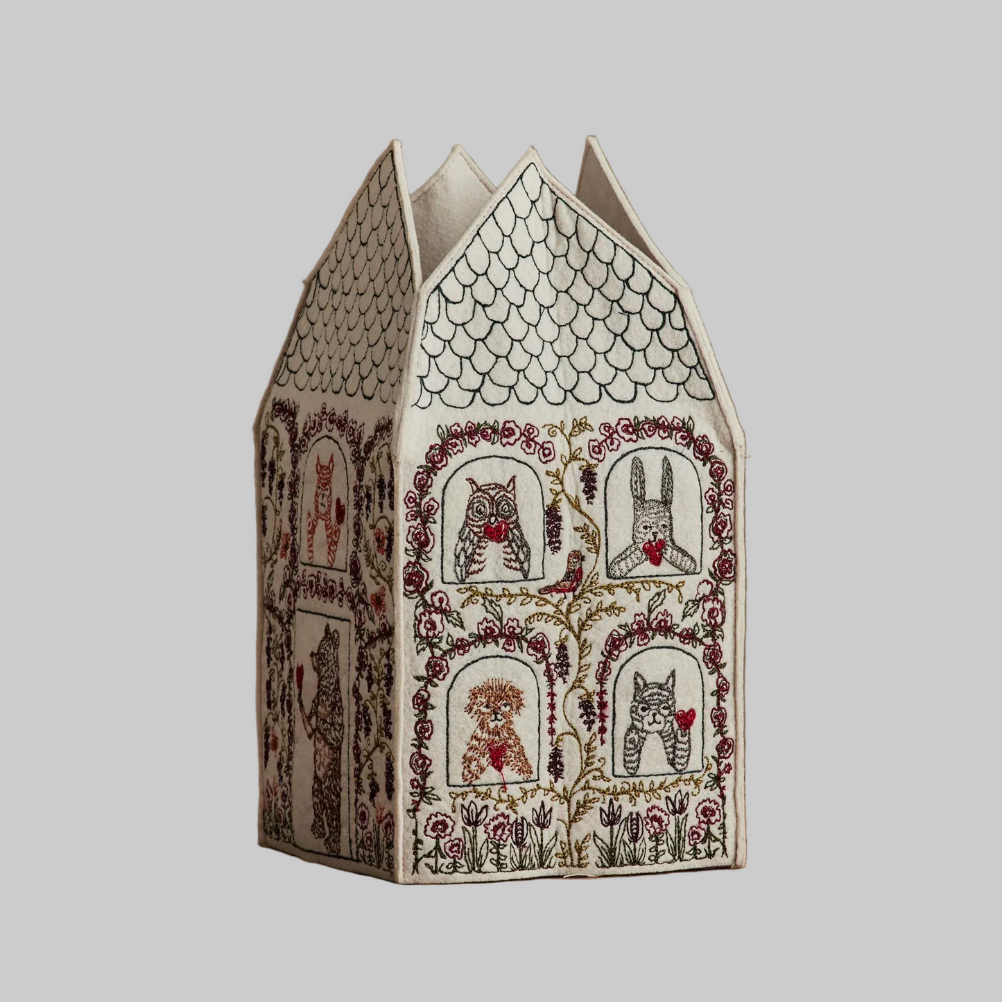 Coral and Tusk's "Home is Where the Heart Is" tissue box cover made of felt and embroidered with a Valentine's design