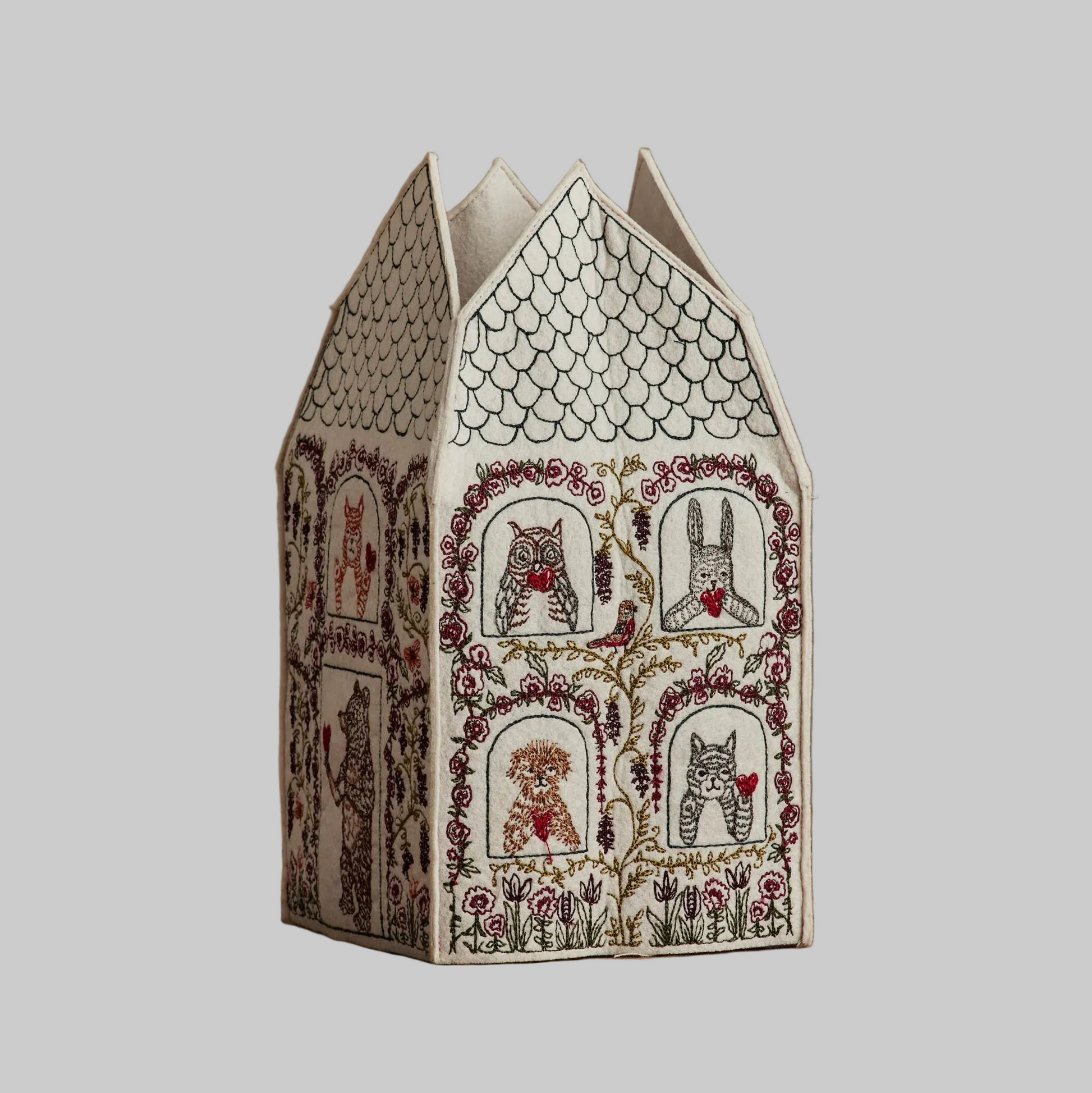 Coral and Tusk's "Home is Where the Heart Is" tissue box cover made of felt and embroidered with a Valentine's design