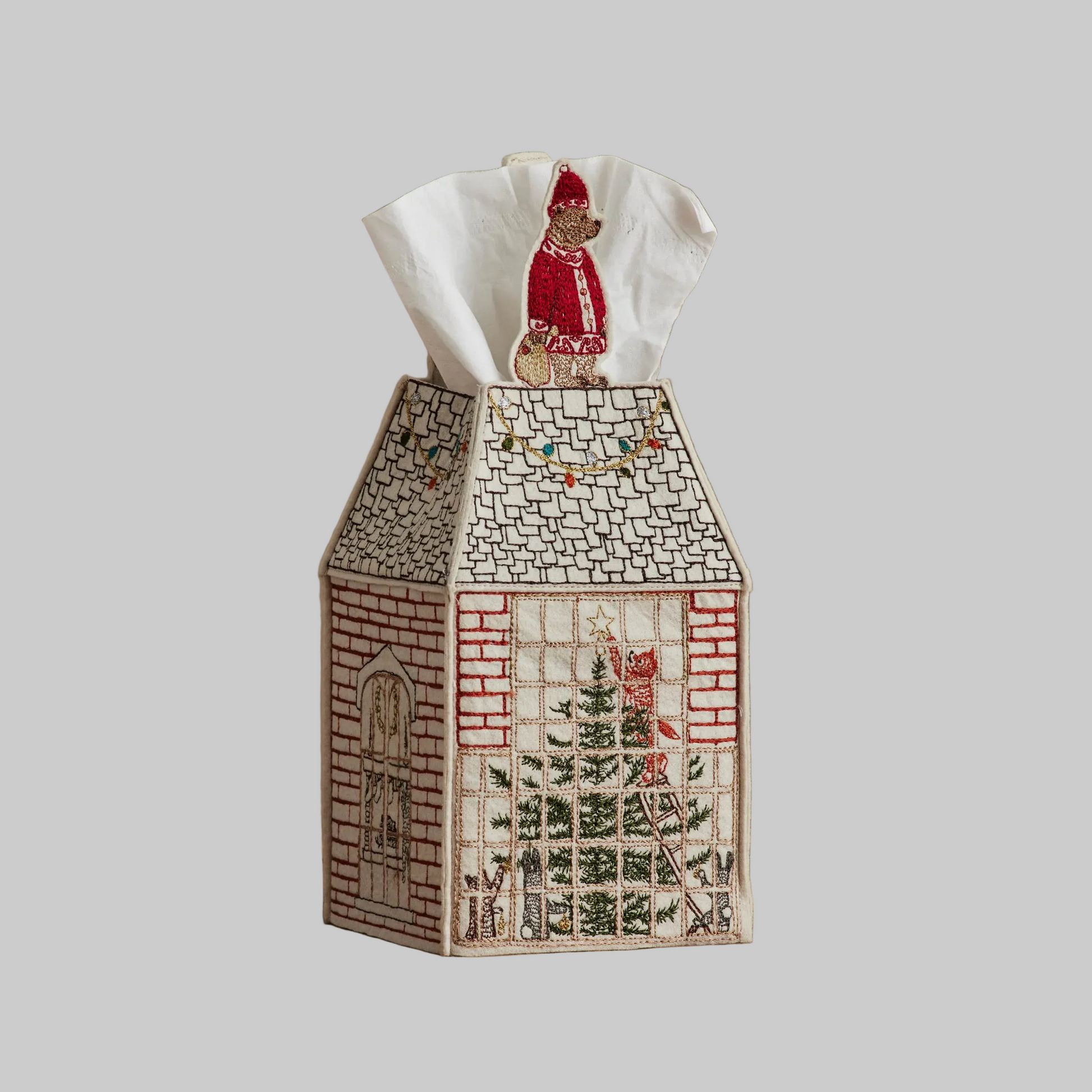 Coral and Tusk's "Home For the Holidays" tissue box cover made of felt and embroidered with festive Christmas designs