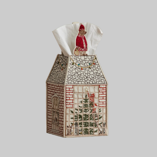 Coral and Tusk's "Home For the Holidays" tissue box cover made of felt and embroidered with festive Christmas designs
