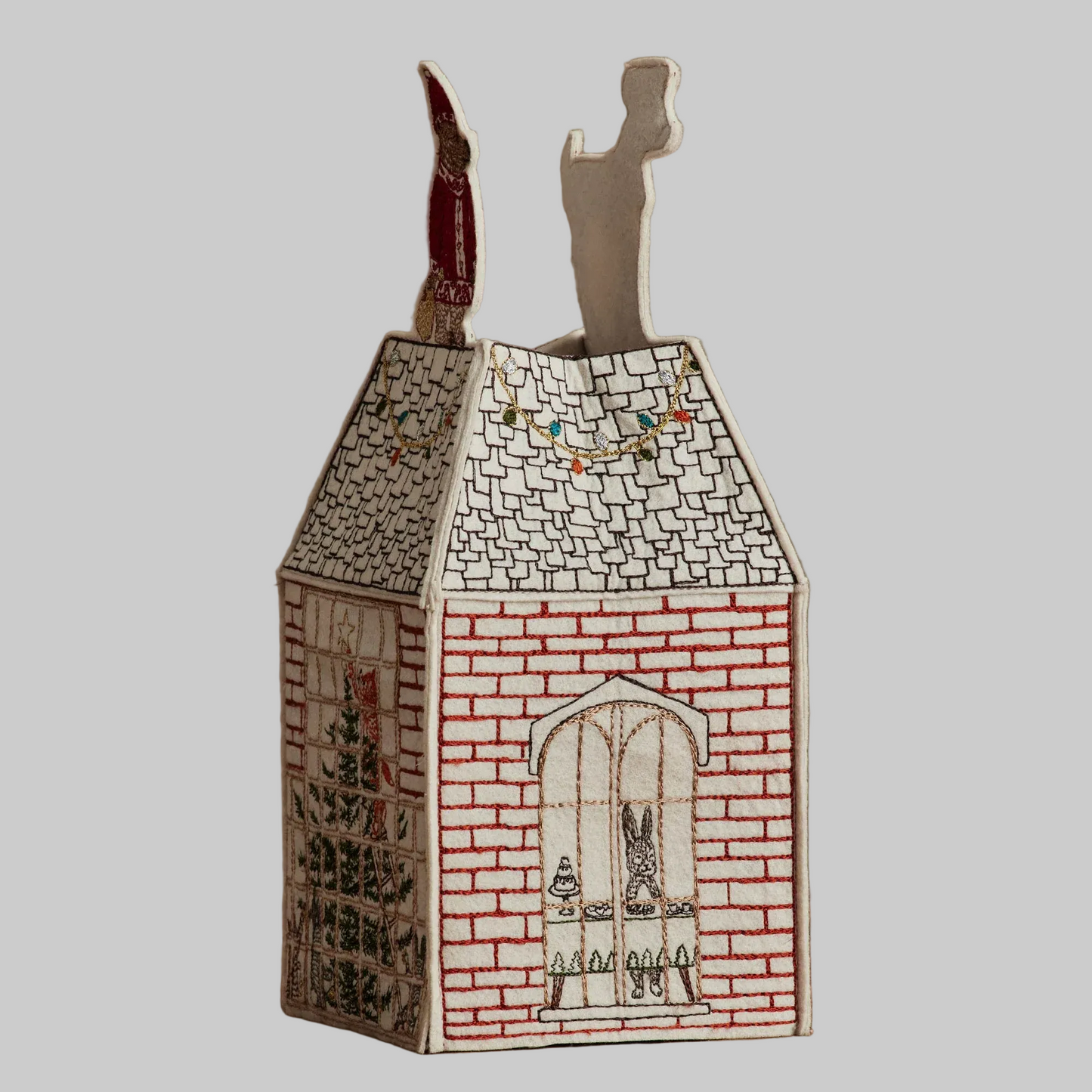 Coral and Tusk's "Home For the Holidays" tissue box cover made of felt and embroidered with festive Christmas designs