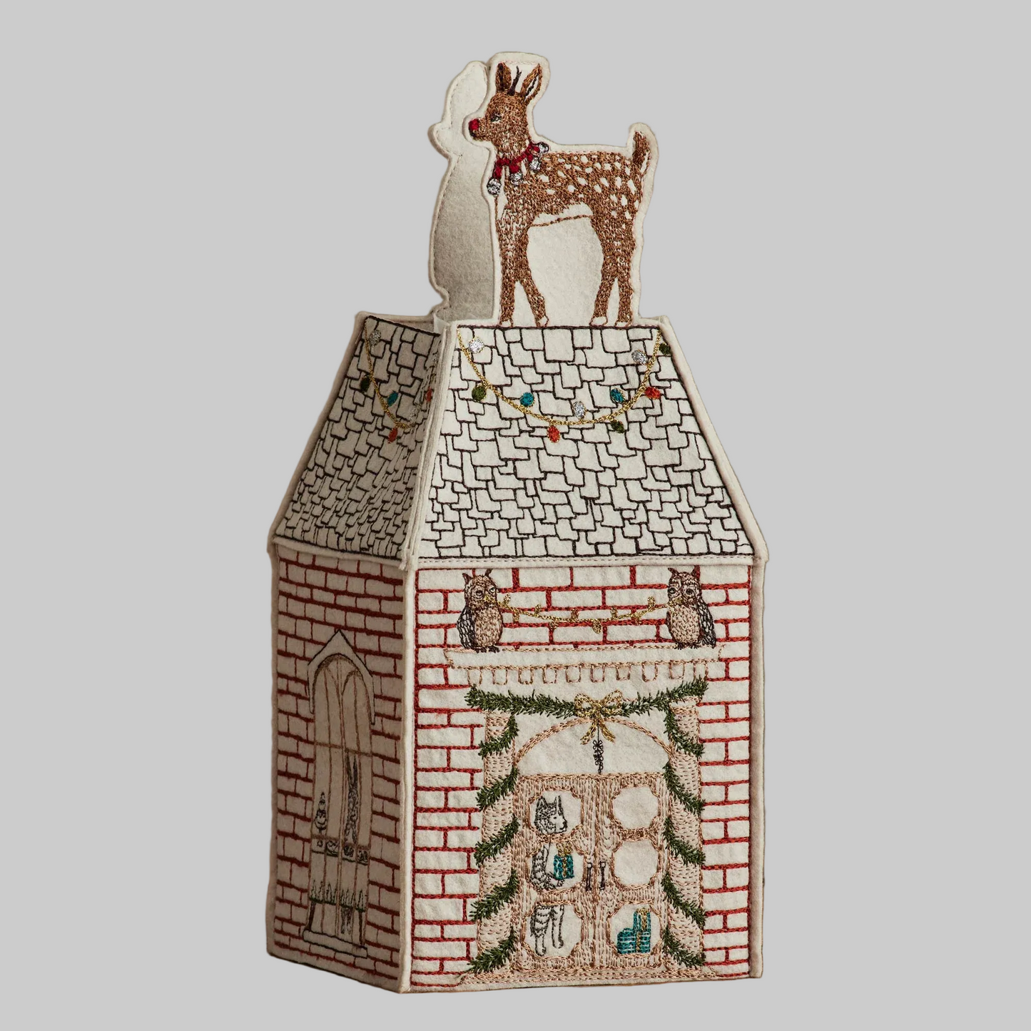 Coral and Tusk's "Home For the Holidays" tissue box cover made of felt and embroidered with festive Christmas designs
